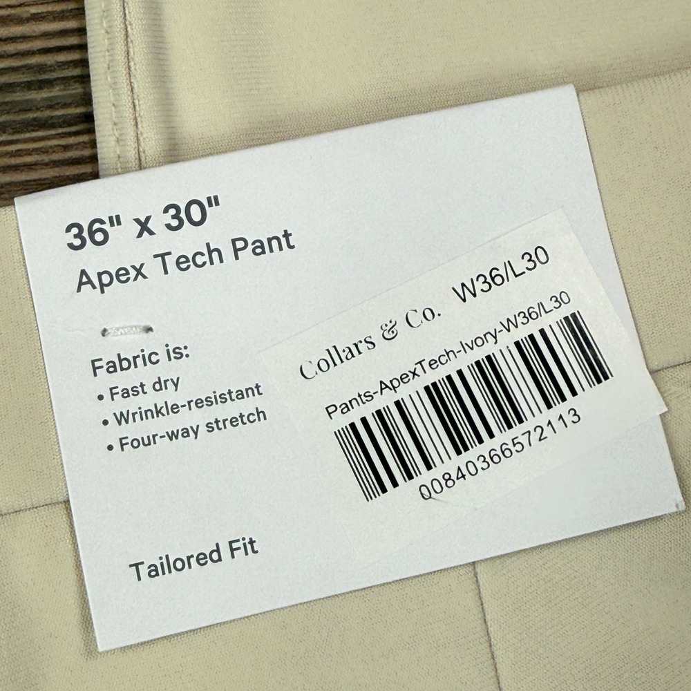 Collars & Co Mens Size 36x30 Apex Tech Pant Ivory 4-Way Stretch Tailored Fit NWT - Picture 8 of 9